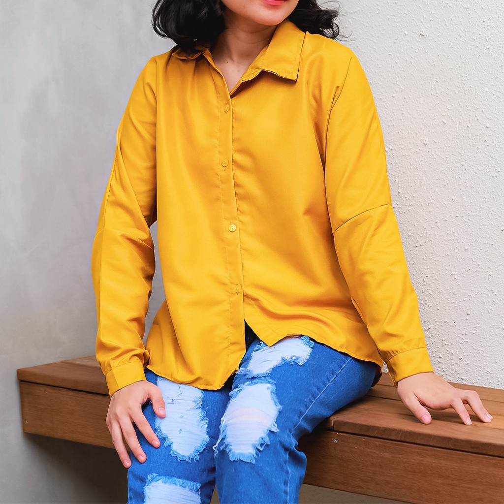 Tq88indonesia Fashion Kemeja Wanita Polos Lengan Panjang / Kem Lugi Batwing Shirt / Baju Kemeja Kerja Wanita Terbaru / Ootd /Hem Cewek / Kem Polos