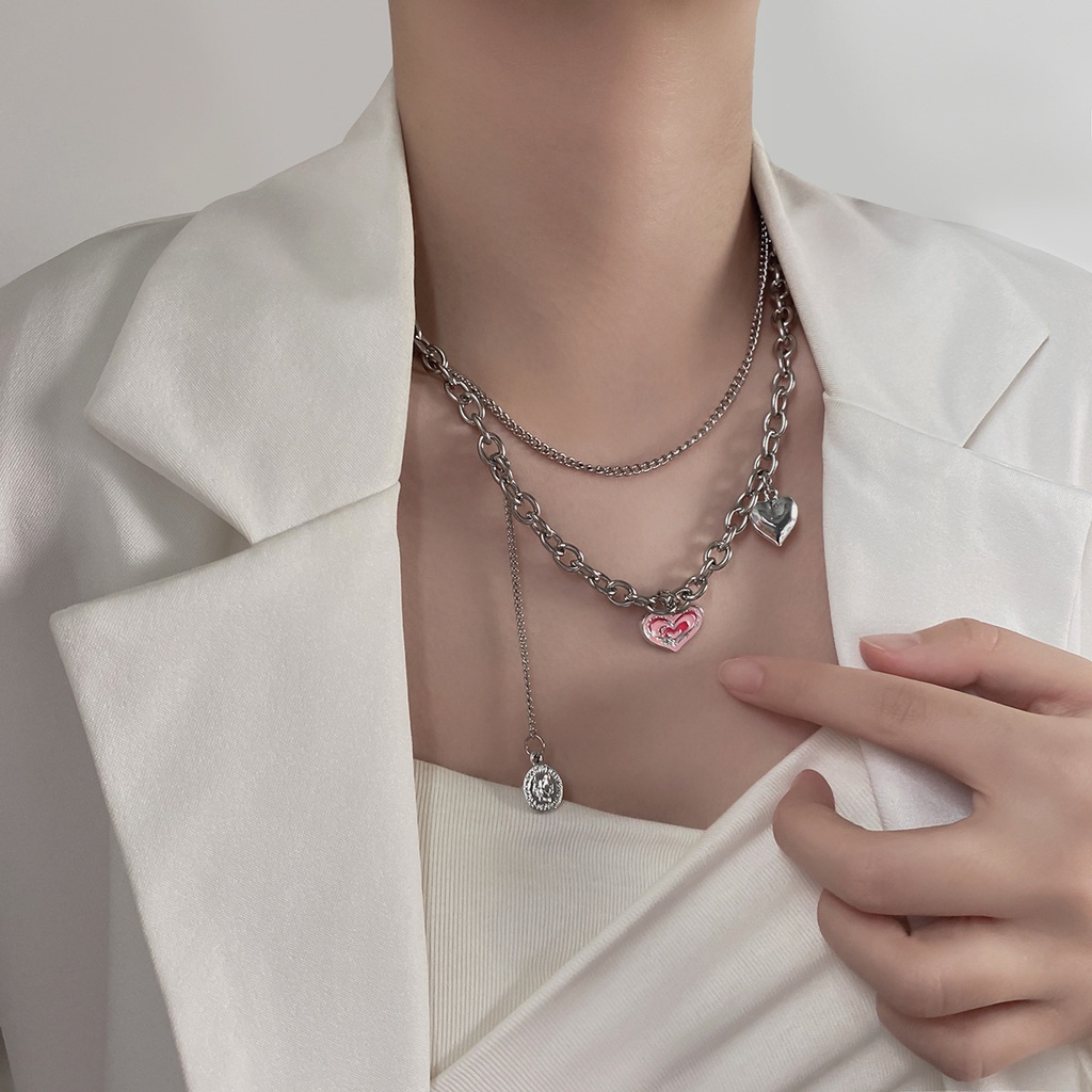 Fashion Double Layer Kalung Wanita Cinta Pink Rantai Klavikula Tumpuk Liontin Potret Pribadi