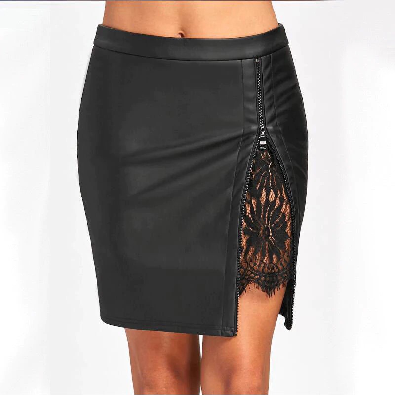 2018 New Office Lady Formal Lace patchwork bodycon skirts High Waist zipper PU leather