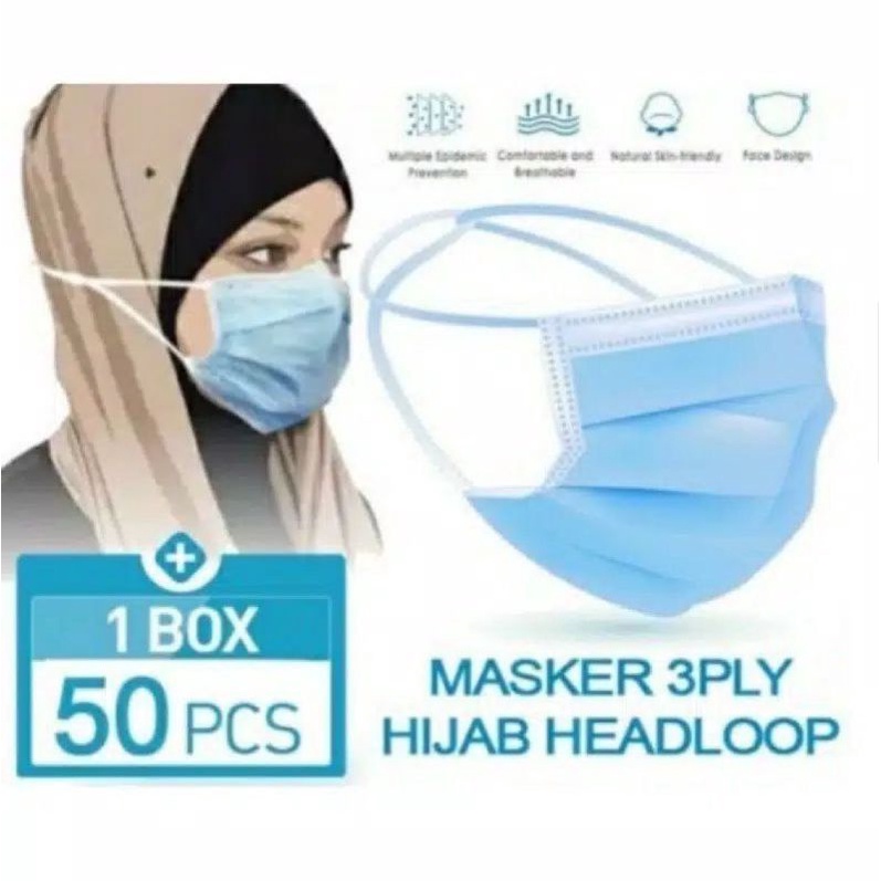 Masker hijab / headloop biru isi 50 pcs