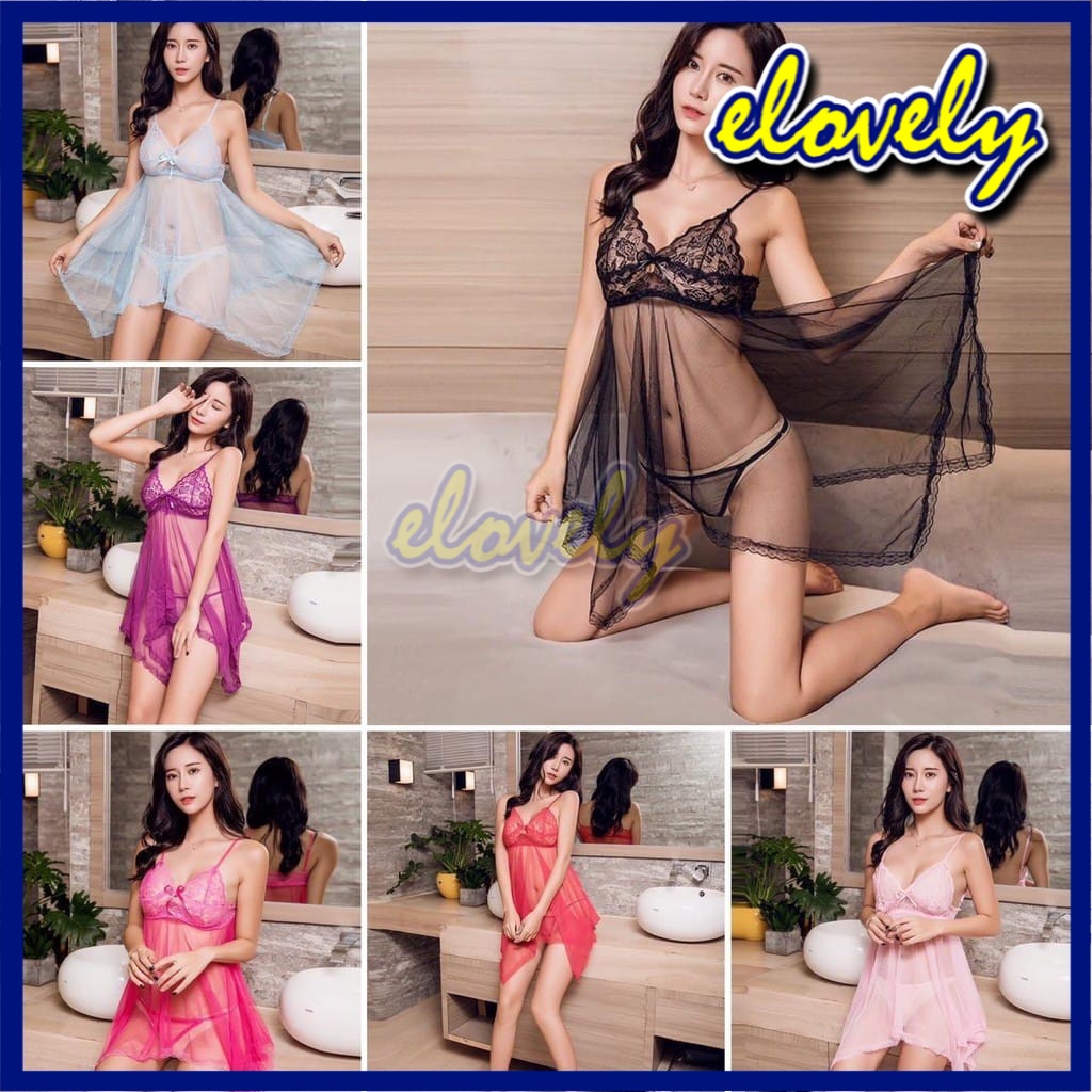 Elovely Lingerie Sexy Hot Pakaian Dalam Wanita Baju Tidur Lingerie Set Bra dan Gstring Transparant Tanpa Lengan | L002-2