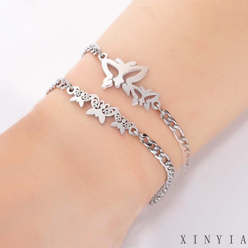 Gelang Desain Butterfly Moon Star Love Bahan Stainless Steel Untuk Wanita