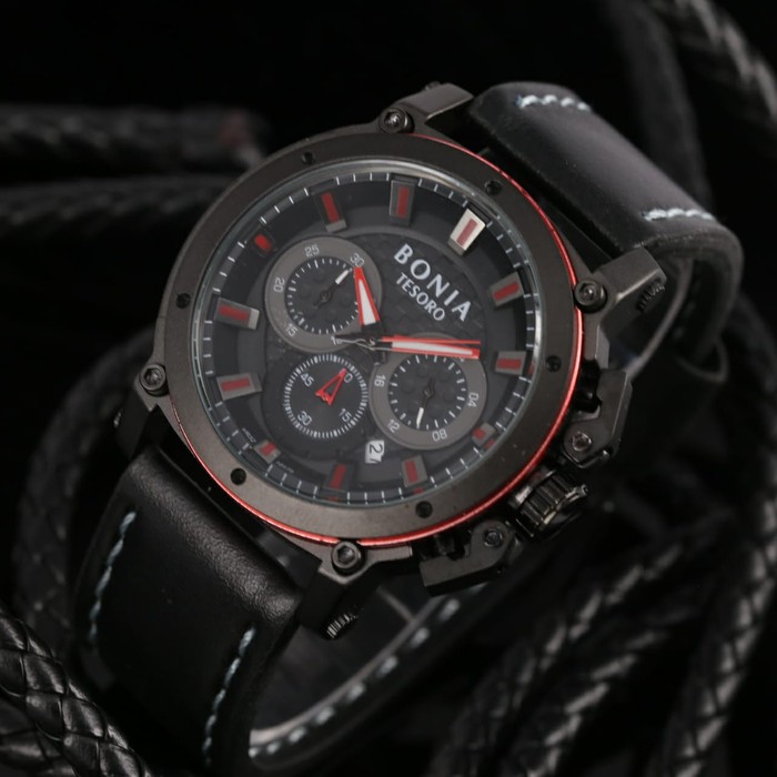 Jam Tangan Pria / Cowok Bonia Chrono Sk7255 Leather Black Red