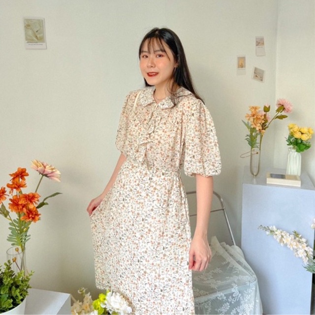 KANON - Touka Floral Dress - Dress kemeja hamil midi vintage motif bunga