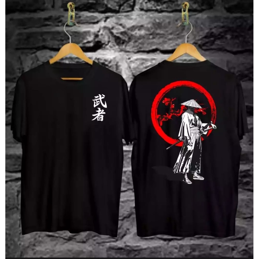 KIYOWO Baju Pakaian Pria Atasan Kaos Hitam Motif Geisha Samurai Termurah