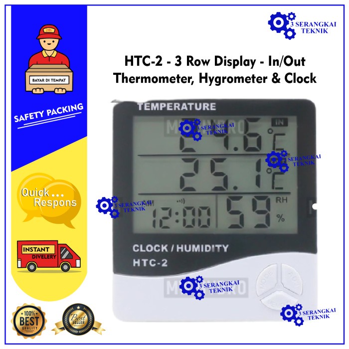 HTC-2 - 3 Row Display - In/Out Thermometer, Hygrometer &amp; Clock