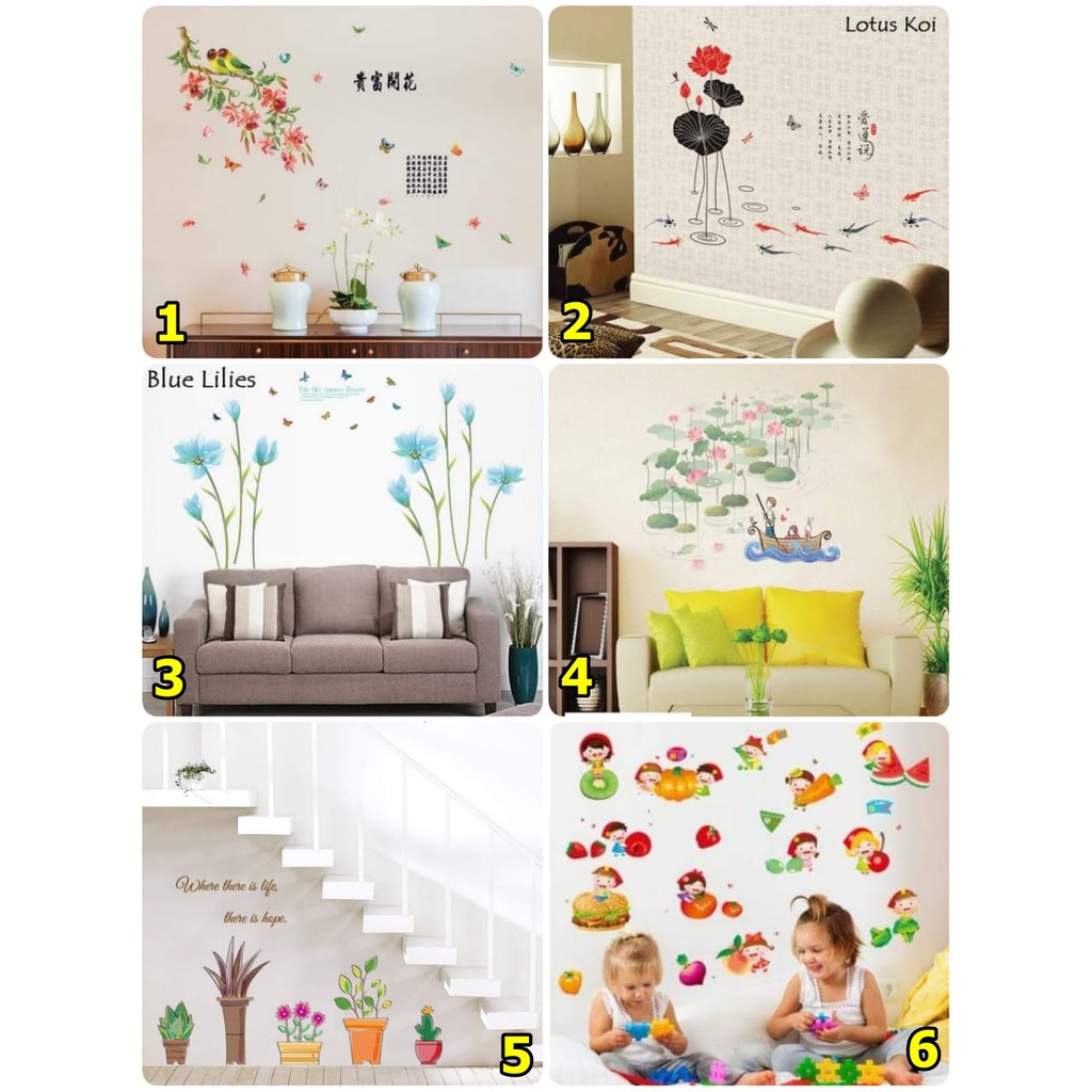 Wallsticker Hiasan Dinding Motif Pot Bunga Sakura Lotus Rumput Pohon 60x90cm