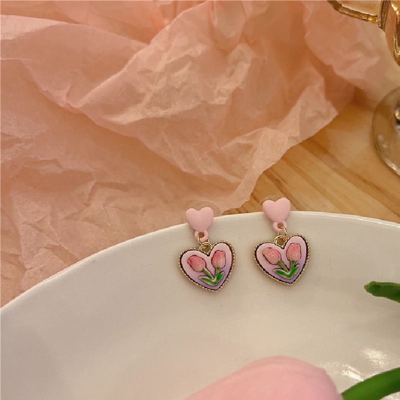 Anting Tusuk Motif Bunga tulip Warna Pink Untuk Wanita