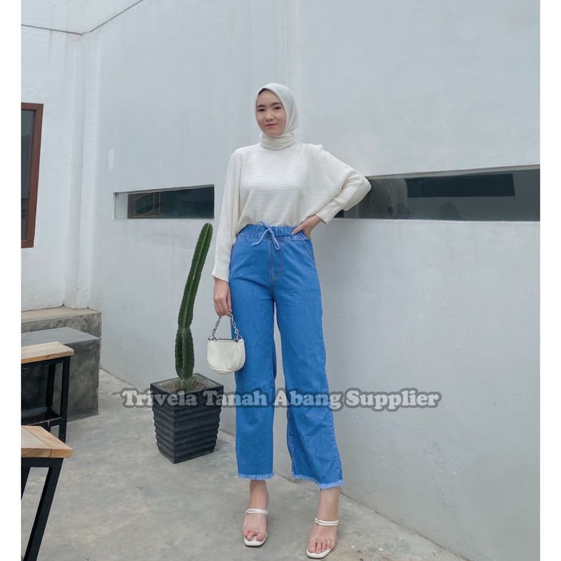 Rubber Cullotes / Celana Kulot Jeans Pinggang Karet Wanita