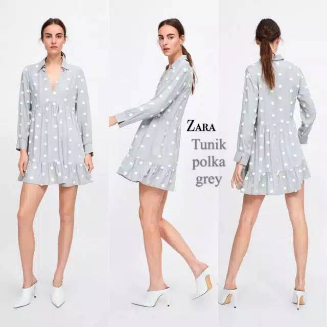 DRESS WANITA Z*RA EMBOS POLKADOT ORIGINAL TERUSAN WANITA BRANDED ATASAN ZARA TUNIK POLKA GREY Z*RA