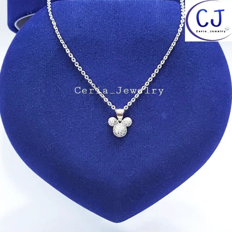 Kalung Anak Perak Asli Silver 925 Lapis Emas Putih Rantai Jedar, Nori Polos, Nori Ukir Liontin Mickey Mouse - Perhiasan Perak Anak Asli