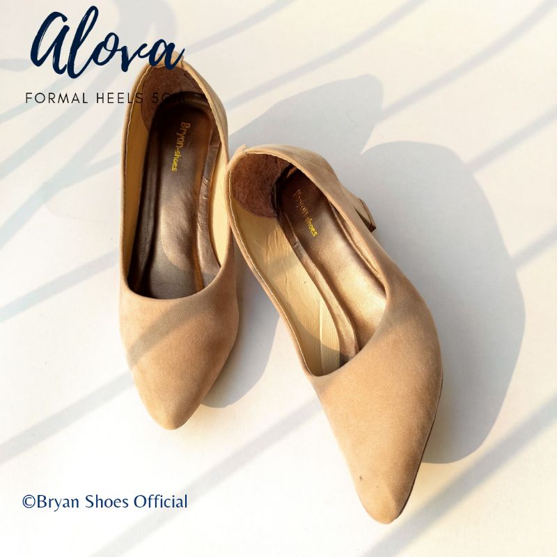 Bryan Alova Pantofel Heels 5cm Formal Suede BigSize Oversize Jumbo Sepatu Hak Tahu Kerja Kantor-CREAM 5CM