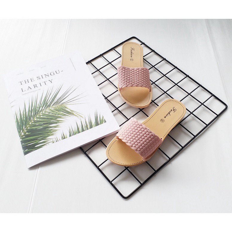 BB PUFFY Import TIKAR RAJUT Sandal Wanita Murah Slip Casual Teplek Sandal Cewek Flat