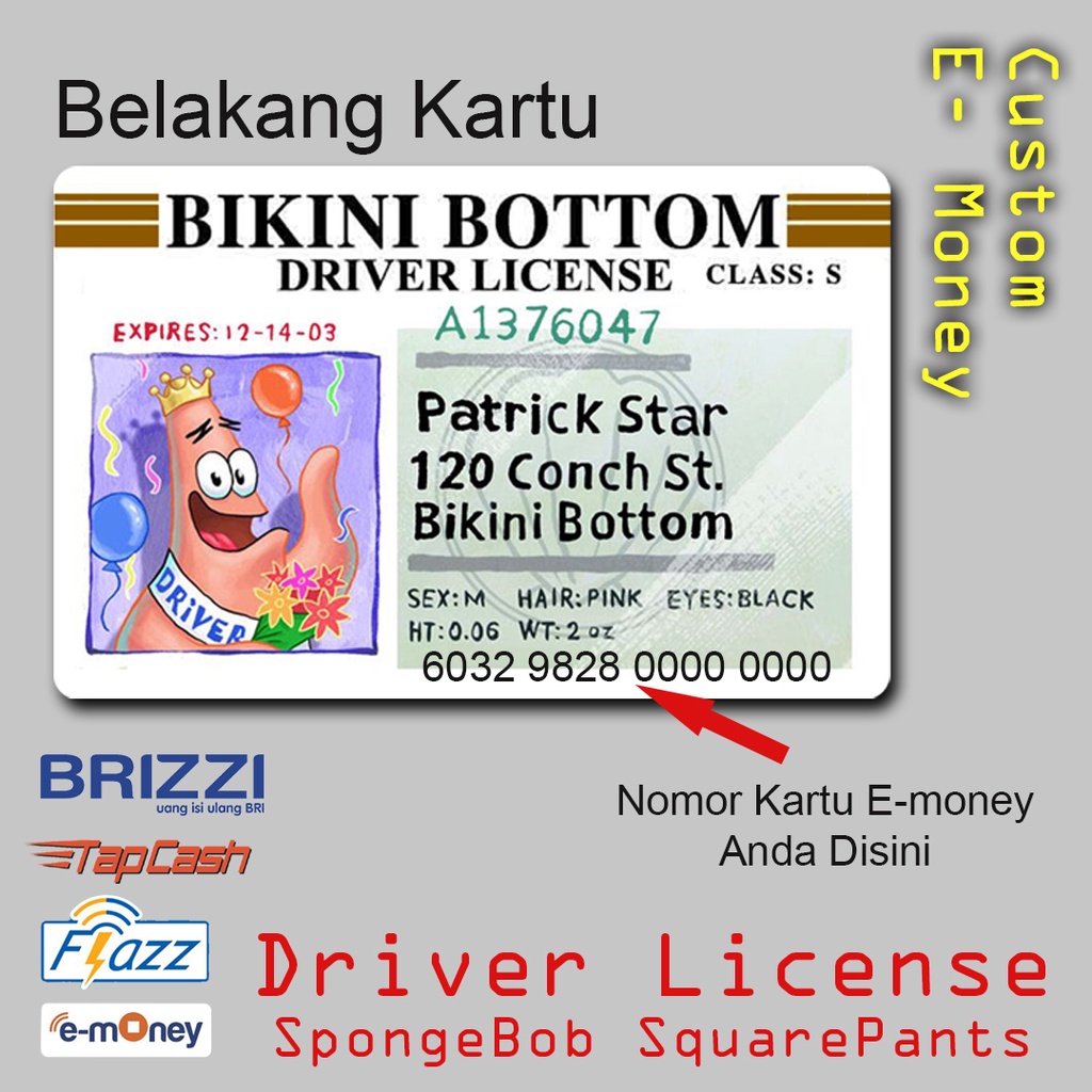 Emoney Flazz Brizzi Tapcash E-Money Custom Edisi Driver License SpongeBob &amp; Patrick