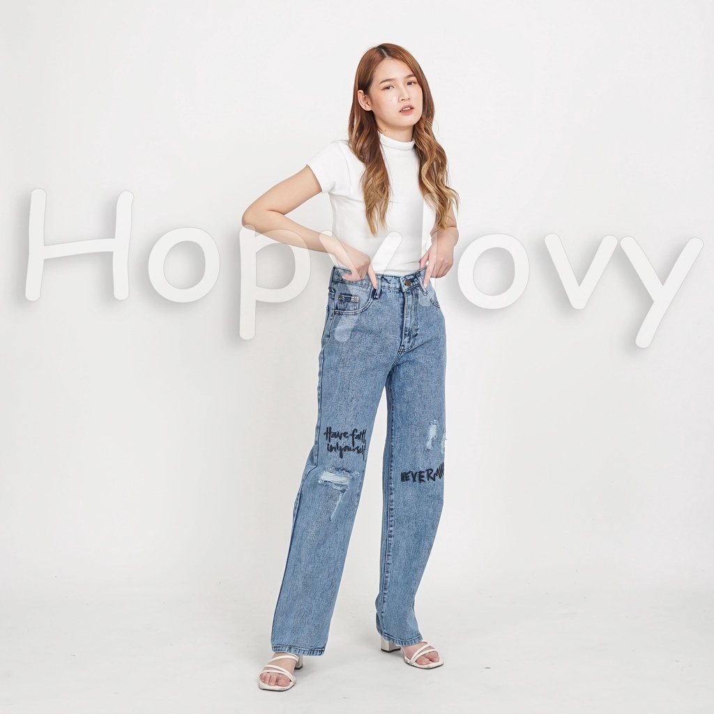 HOPYLOVY Celana Jeans Wanita Boyfriend Jeans High Waist Loose Sobek Lutut Bordir Neveline