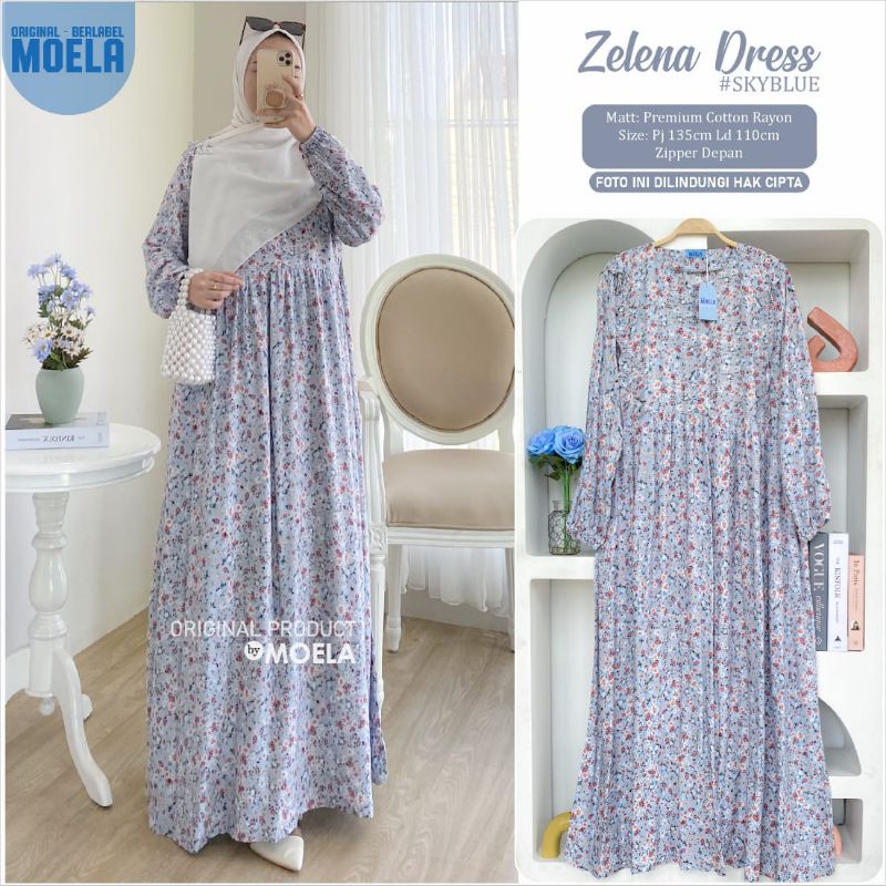 Zelena Yelan Bifia Jasmi Dress Gamis Original Ori Moela Berlabel Jumbo Allsize Busui Premium Catton Rayon-3