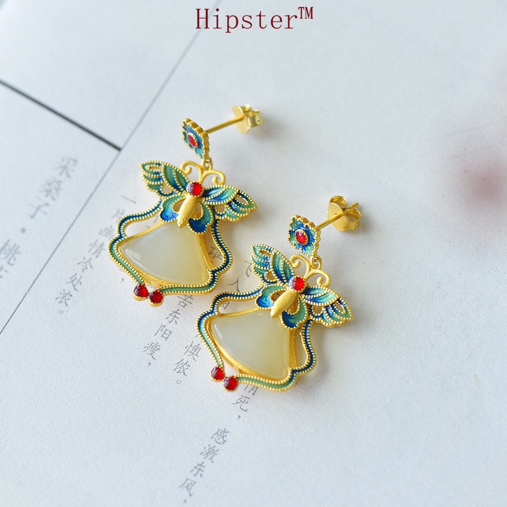 Butterfly Earrings Gold Inlaid Hetian Jade Necklace Women's Suit