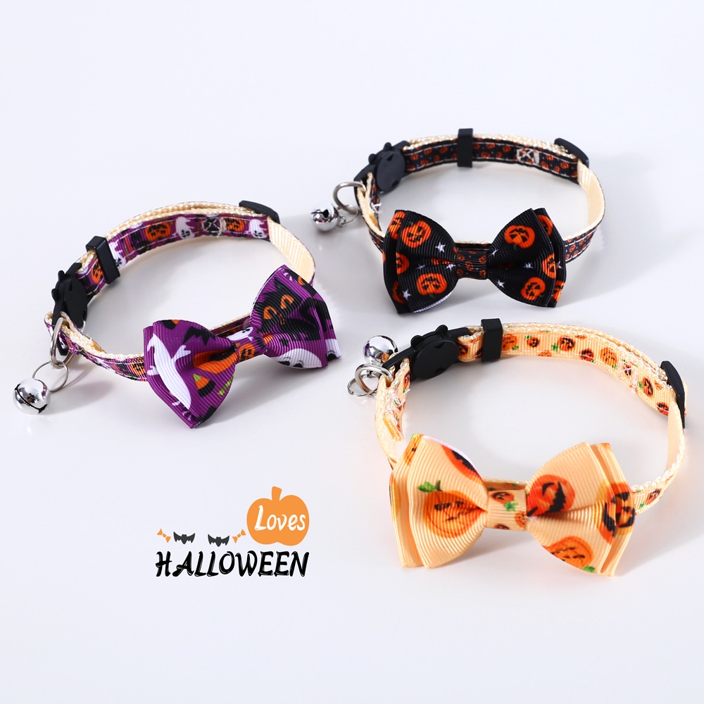 Kalung Leher Kucing / Anak Anjing Adjustable Model Pita Dengan Lonceng Untuk Halloween