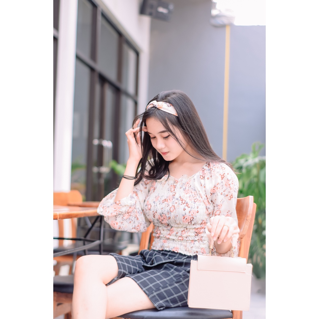 atasan Chiffon import korean style Blouse Serut Karet Sabrina Lengan Panjang Motif Bunga Bahan Sifon Casual cecilia flow