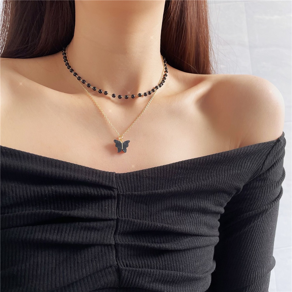 Kalung Rantai Double Layer Desain Kupu-Kupu Warna Hitam