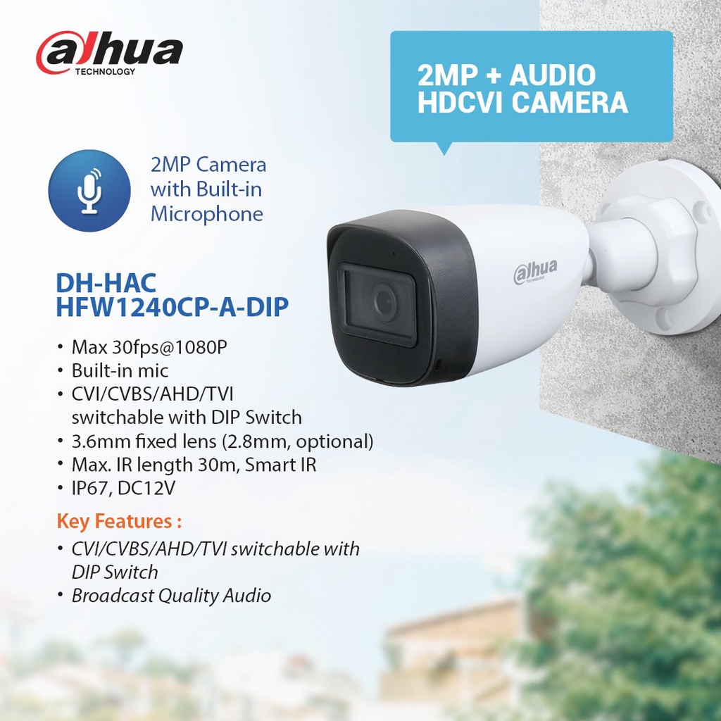 CAMERA CCTV DAHUA OUTDOOR 2MP BUILT IN MIC (AUDIO) HFW1240CP-A-DIP