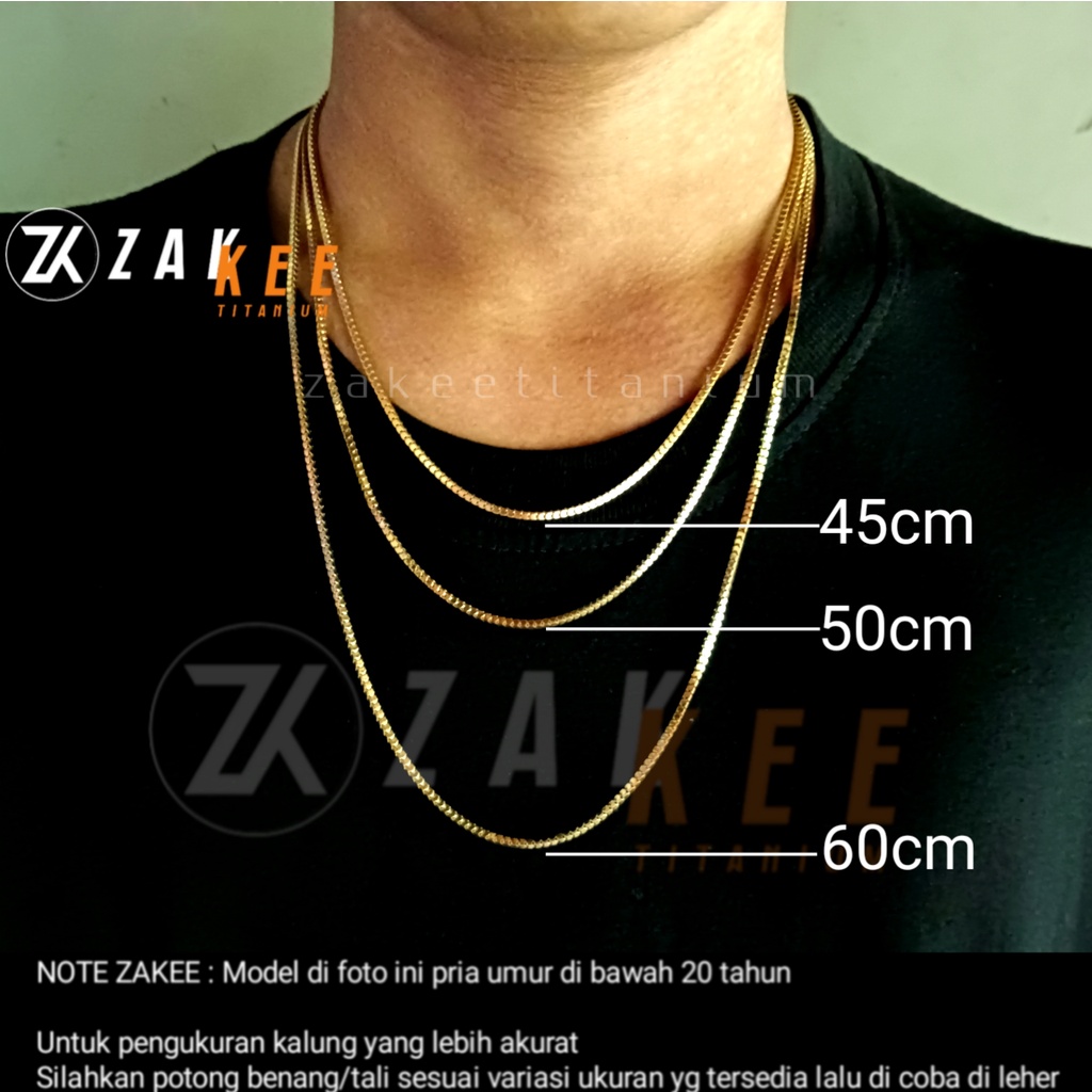 Kalung Titanium Pria Wanita Anti Karat Emas Gold Cowok Cewek Keren Milano Kotak Stainless Steel Panjang 45cm 50cm 60cm