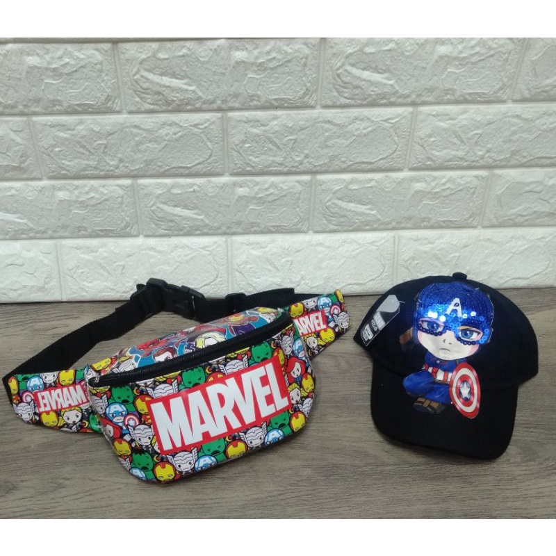 Waistbag anak tas SLempang batman/Marvel free topi LED nyala