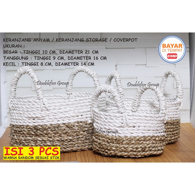 Hiasan Keranjang Anyam Kuping, Cover Pot Anyaman isi 3. Seagrass Basket (size 10,9,8) WARNA