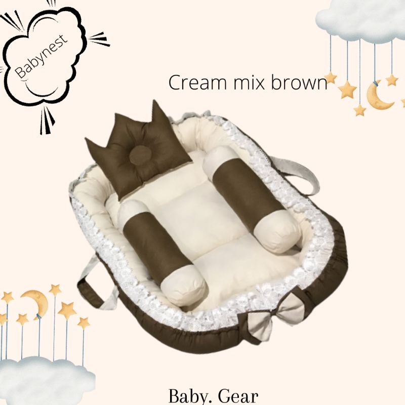 Setiadikidstore Paket Lengkap BabyNest Renda Motif Polos Cream mix Brown set Badcover Free Tas