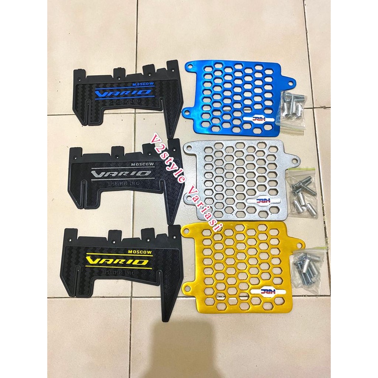 PAKET COVER RADIATOR + MUDFLAP KARBON HONDA VARIO TUTUP RADIATOR VARIO FI LED SET BAUT BOSHING PNP BIRU SILVER GOLD MUDFLAP KARBON TEBAL THAILOOK VARIO 125 150 FI LED TULISAN THAILAND KARPET PENAHAN LUMPUR PELINDUNG MESIN DINAMO ALAS KOLONG SPAKBOR