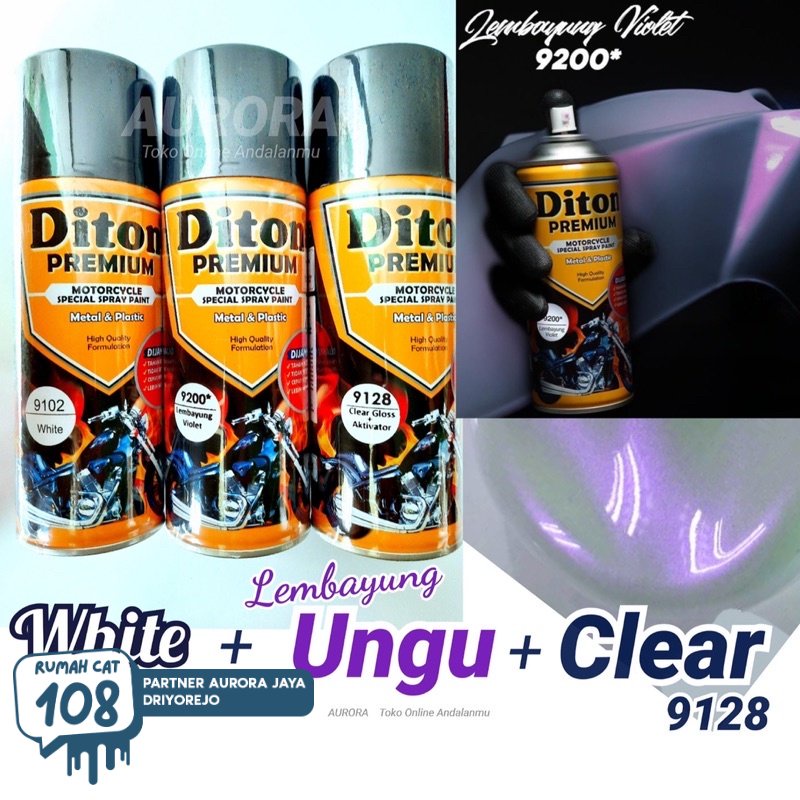 

Rumah Cat - PAKET Diton Premium Lembayung Violet 9200 + White 9102 + Clear 9128 / Cat Putih Ungu Vernis Gloss Mengkilap Pilok Pilox Pylox 400ml Rumah Cat Motor dan Mobil