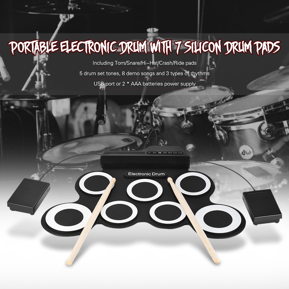 PROMO Ammoon Electronic Digital Drum Kit 7 Pads Roll Up USB Power - G3002 - Green