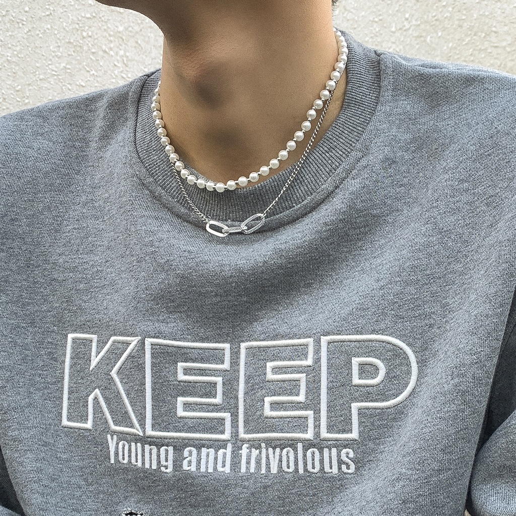 Kalung Choker Rantai Mutiara Imitasi Double Layer Gaya Vintage Hip-Hop Korea Untuk Unisex