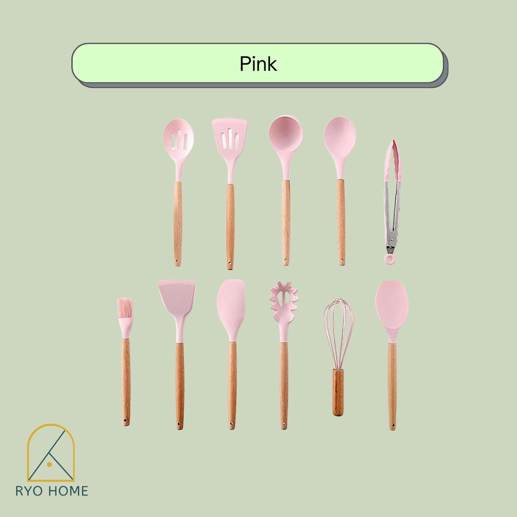 [ RYO ] KAI Peralatan Masak Bahan Silikon Dengan Gagang Kayu  / Slotted Spatula Set Silicone / Kitchen tools / Alat masak / Perlengkapan Dapur / Penjepit Makanan / Tongs / Pengocok Telur / Whisk / Kuas / Brush / Silica Gel Food Grade-4