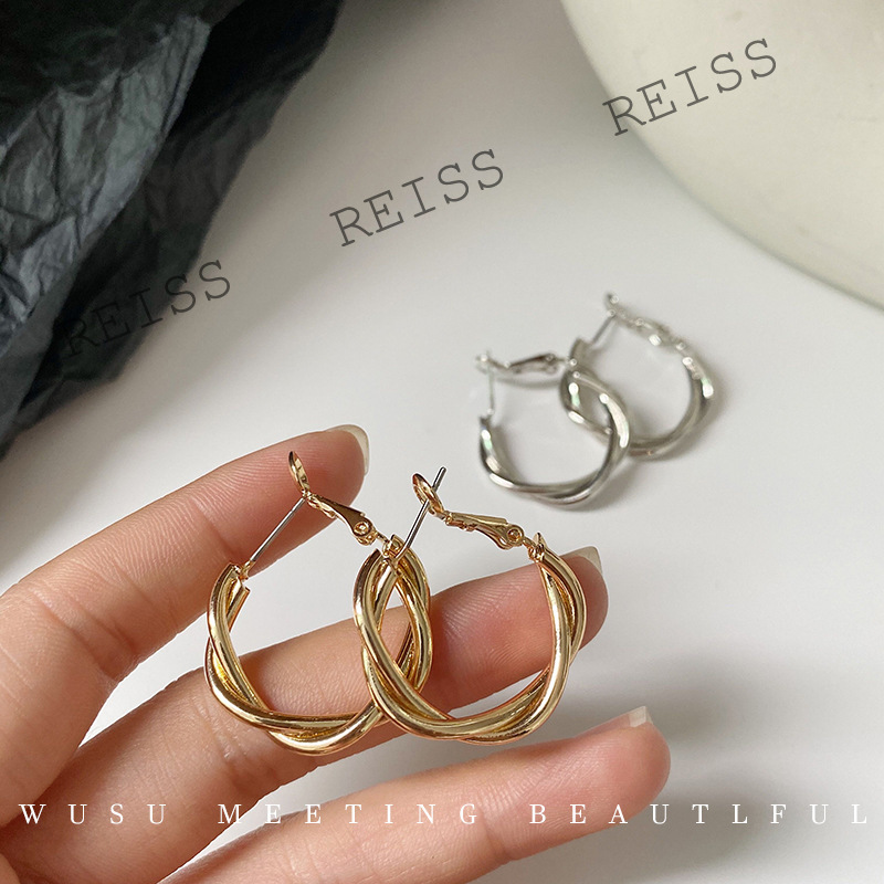 925 Silver Needle Double Twisted Hoop Earrings Simple Round Stud Earrings Silver/Gold Piercing Earings