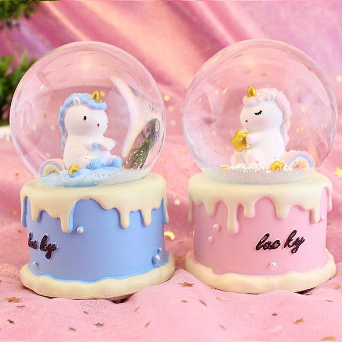 Snow Ball / Kotak Musik / Bola Kaca / Bola Kristal Unicorn Rainbow - Biru Muda