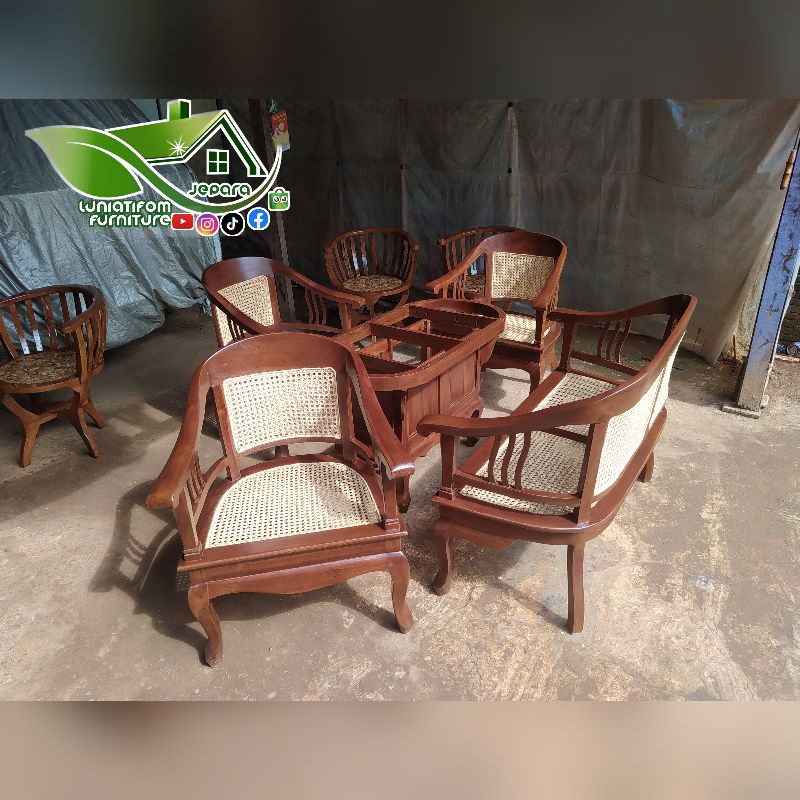 Kursi Tamu Lenong Full Rotan & Marmer // Kayu Jati