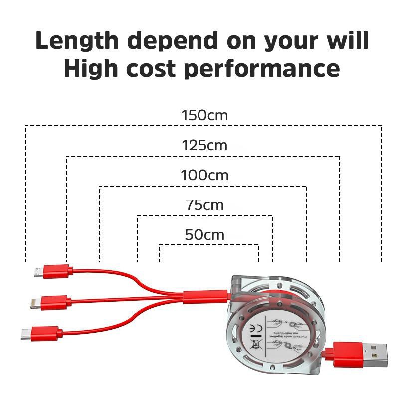 Kabel Data 3 in1 Micro+Lightning+Type-C Telescopic cable iPhone Fast Charging Xiaomi Samsung Vivo