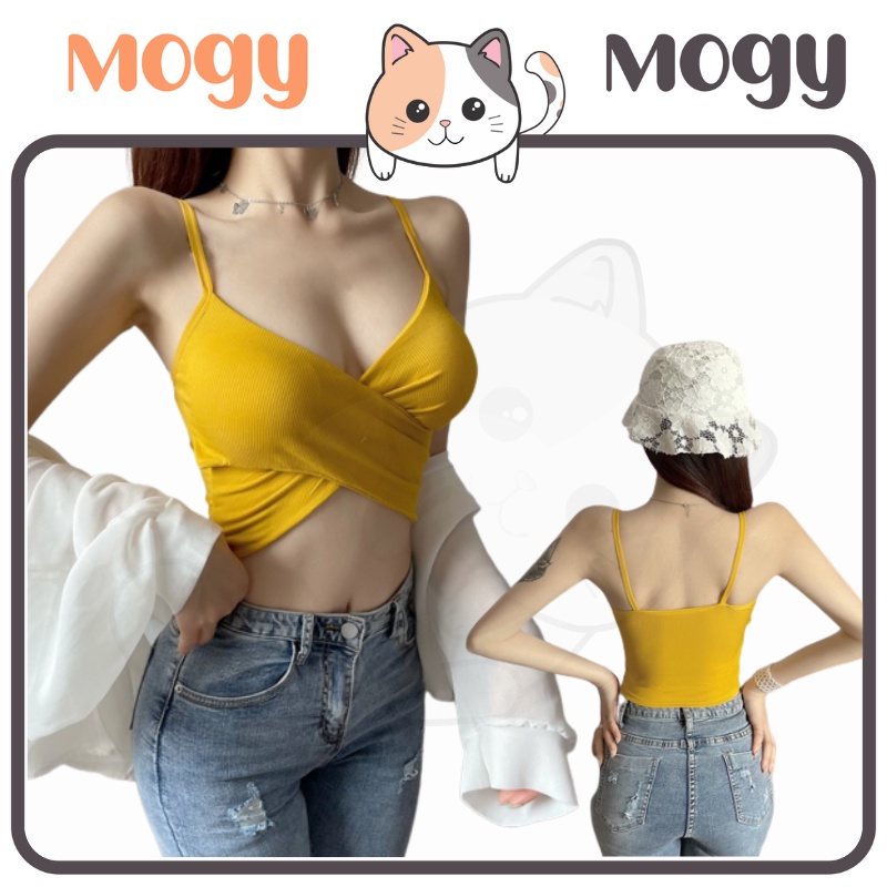 MOGYMOGY BRA516 Tank Top Cross Twist Pakaian Crop Top Dalaman Wanita Korea V Neck Atasan Cewek