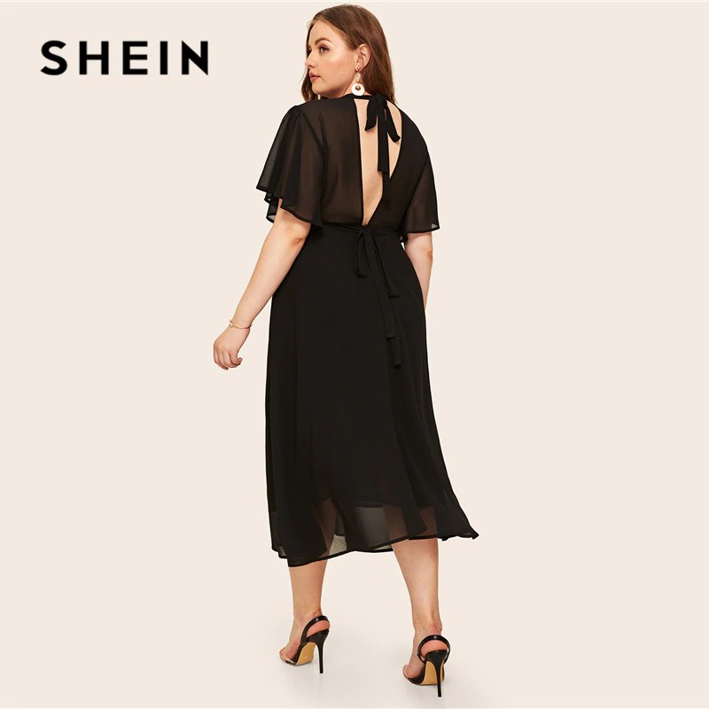 TERBARU SHEIN Plus Size Black Tie Back Flutter Sleeve Dress 2019 Women Summer Elegant Stand Collar