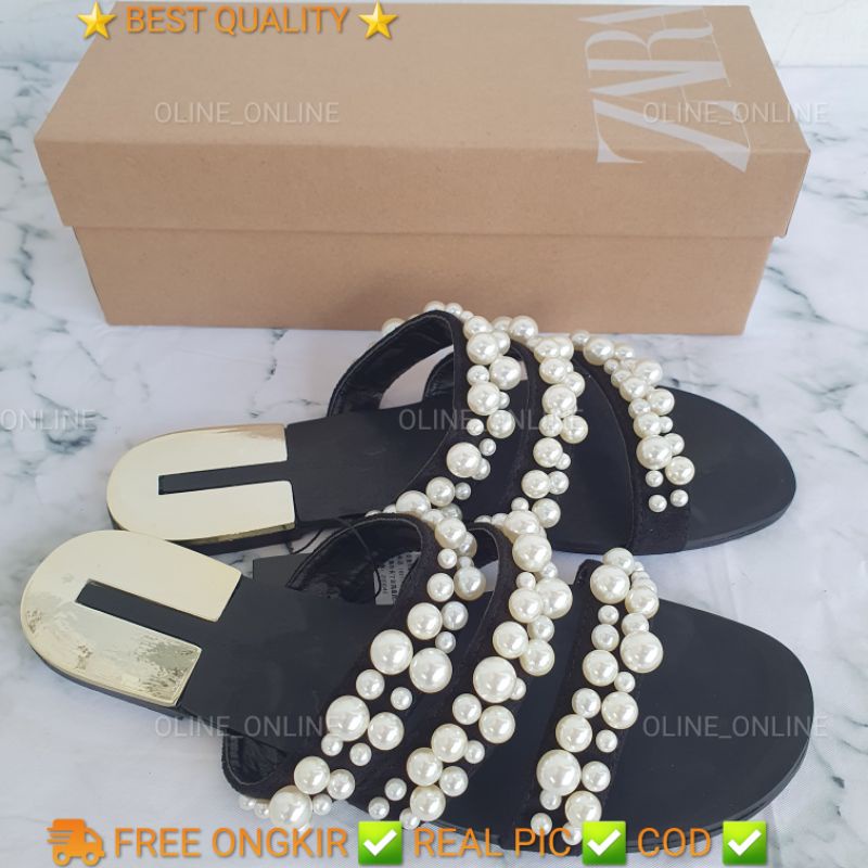 Sandal mutiara 3 tali shiny pearl flat shoes ujung bulat zr glamor kekinian