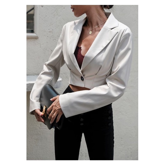 Jaket kulit wanita crop Blazer crop putih Korean style