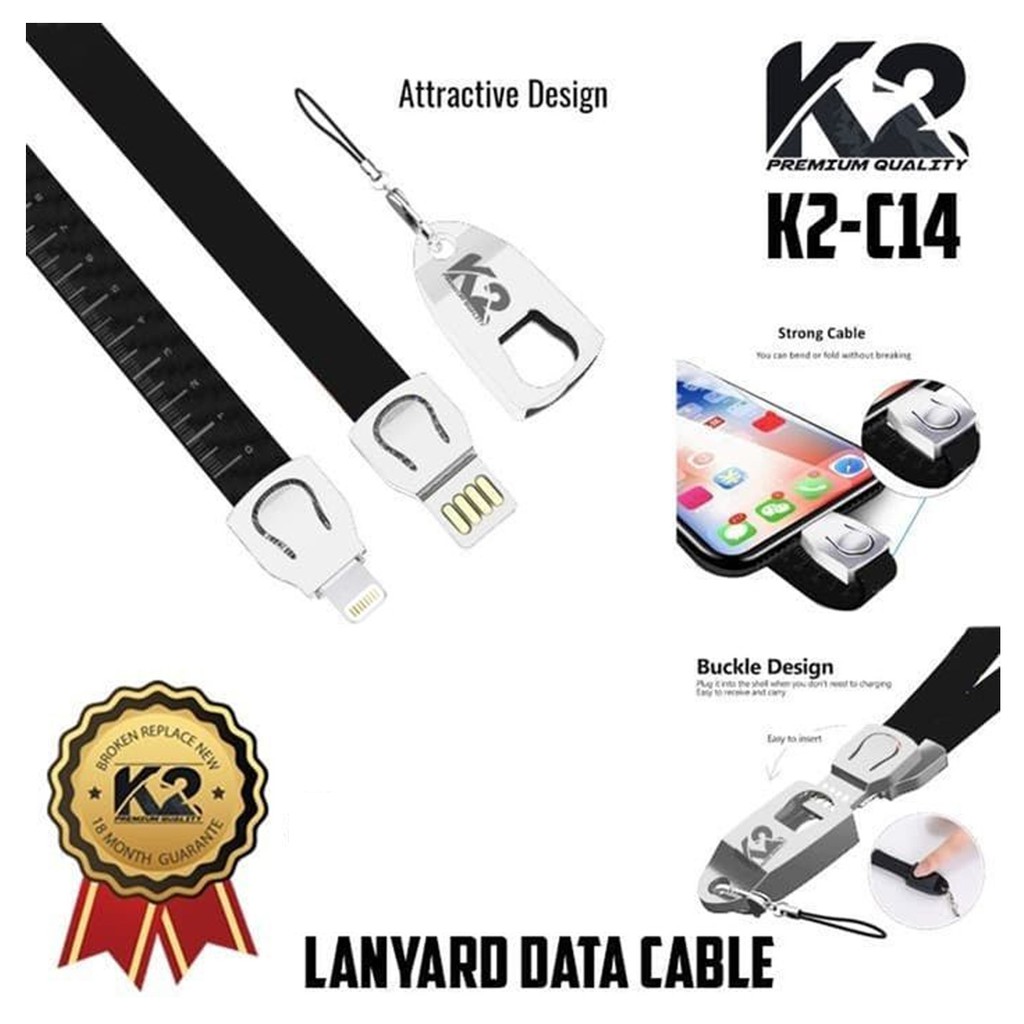 Kabel Data K2-C14 LANYARD PREMIUM QUALITY MICRO USB / Lightning/ TYPE C 2.4A