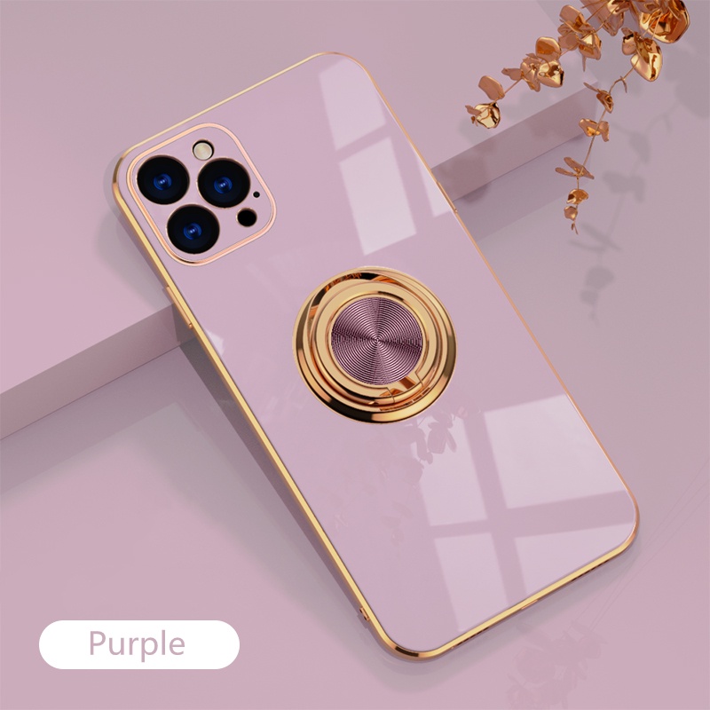 Soft Case Bahan Silikon Plating 6D Dengan Ring Stand Holder Metal Untuk iPhone 11 12 13 Pro Xs Max X XR 7 + 8 Plus