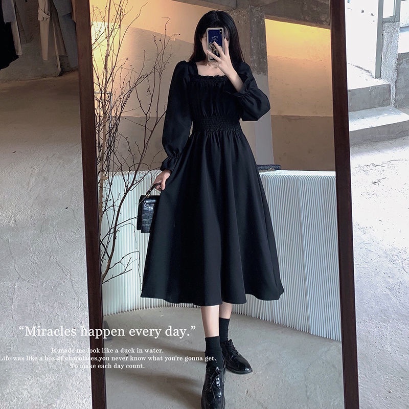 French retro super fairy temperament Hepburn style black long skirt autumn slightly fat mm large wai