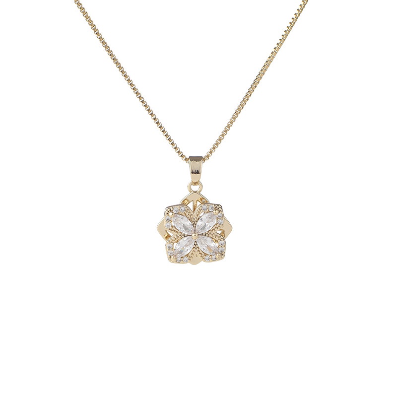 Kalung titanium Kincir Berputar ladies glitter diamond lucky four-leaf clover