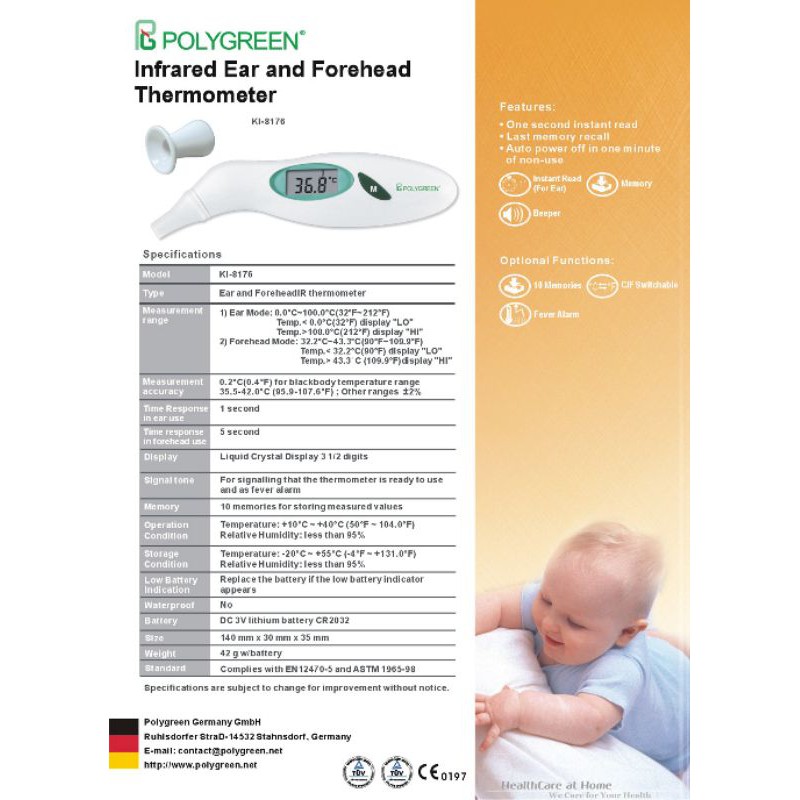 Thermometer Polygreen KI 8176 Termometer Digital Infrared 2in1 Dahi &amp; Telinga Original Polygreen KI-8176