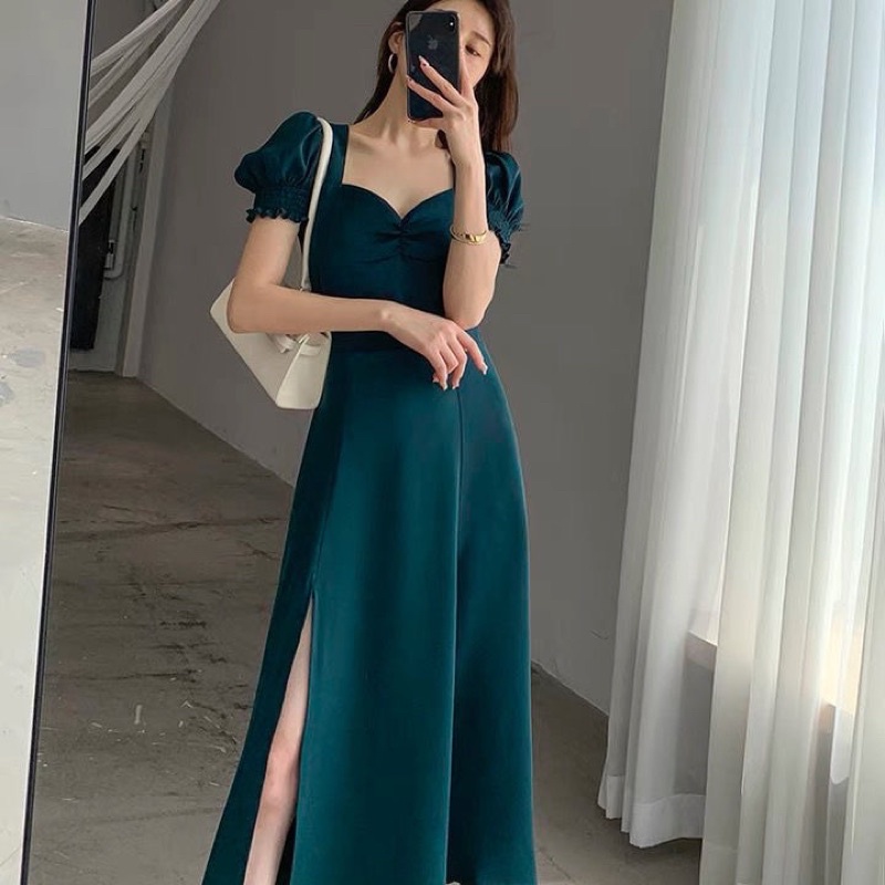 Jual Korean Long Slit Maxi Dress Square V Neck Off Shoulder Sabrina Terusan Prewed Gown Baju