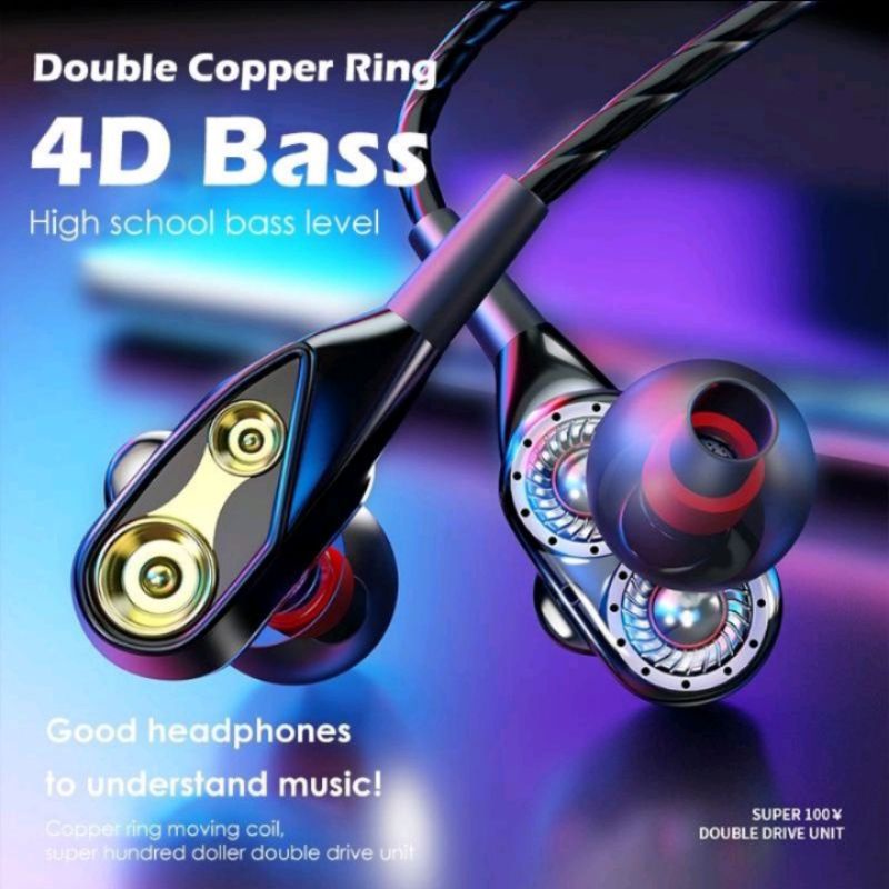 Headset JB-11 4D Bass Double Speaker Stereo 3.5MM Wired Head Phone Murah Dual Drive with Mic-Emas