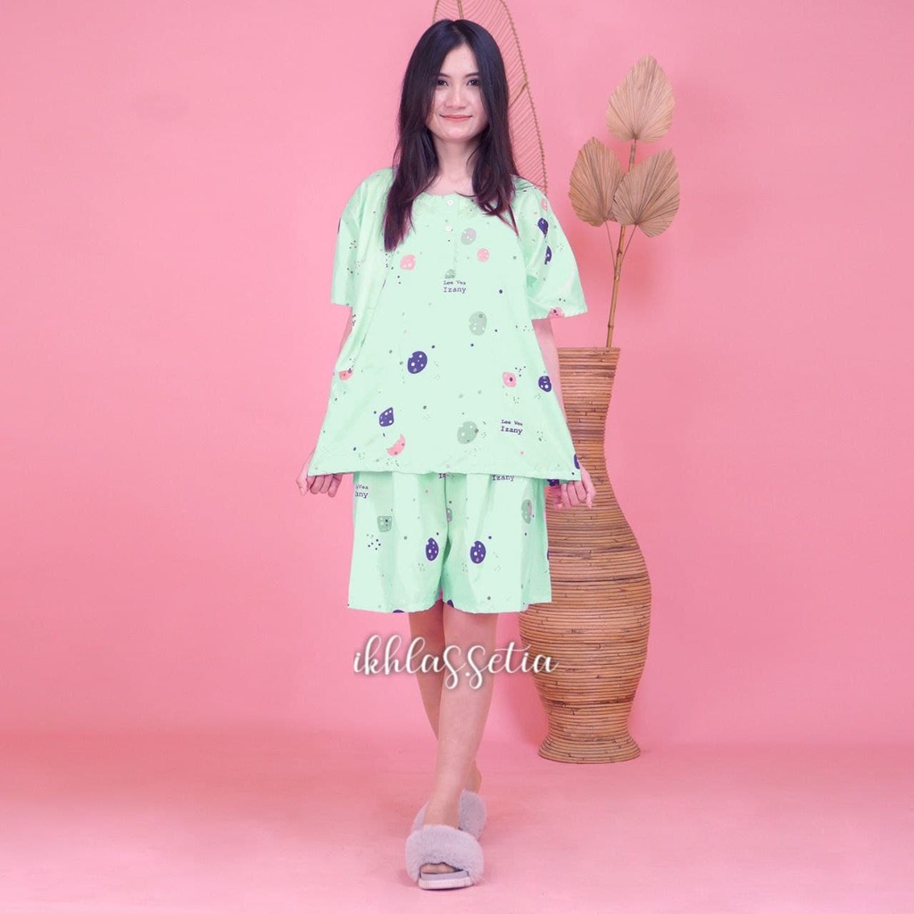 PIYAMA SETELAN PENDEK JUMBO KATUN KARAKTER BAJU TIDUR KANCING DEPAN-KJ COOKIES IJO
